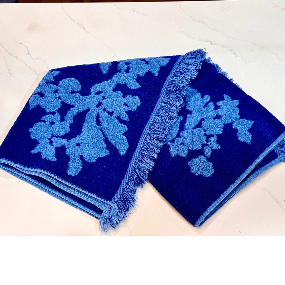 Vintage Cannon Monticello Blue Floral Bath Towel MCM Fringed Cotton 40x24 USA
